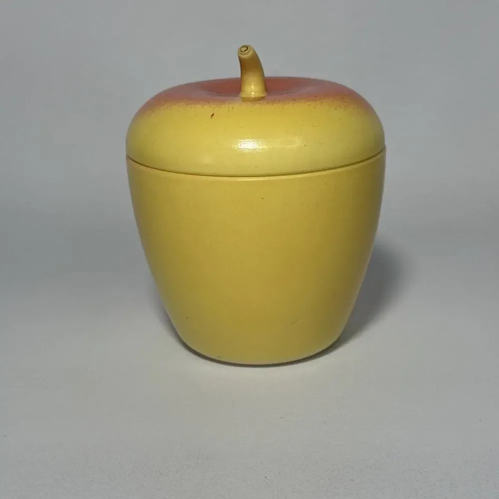 Vtg Hazel Atlas Red & Yellow Apple Shaped Sugar Bowl Jam Jelly Jar W/Stem Lid